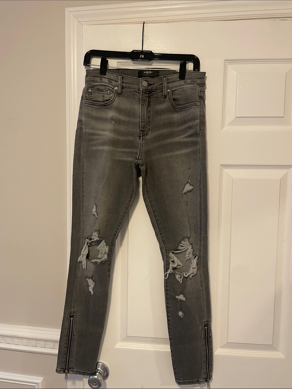 AMIRI Distressed Gray Skinny Jeans with Ankle Zippers